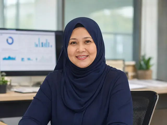 Pengarah kewangan wanita Melayu Malaysia dalam suasana pejabat moden